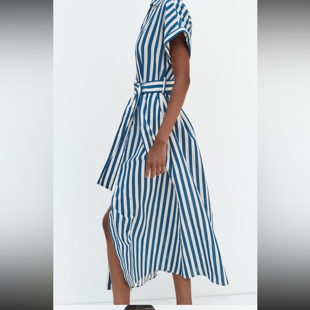 Zara limited edition linen with cotton blend buttoned midi dress with belt - Picture 4 of 10